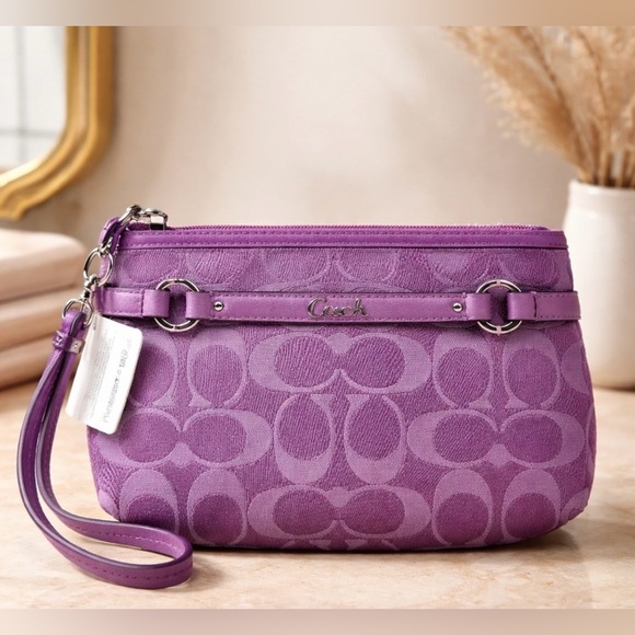 Coach Handbags - COACH Purple Signature Jacquard Wristlet w/Purple Leather Trim